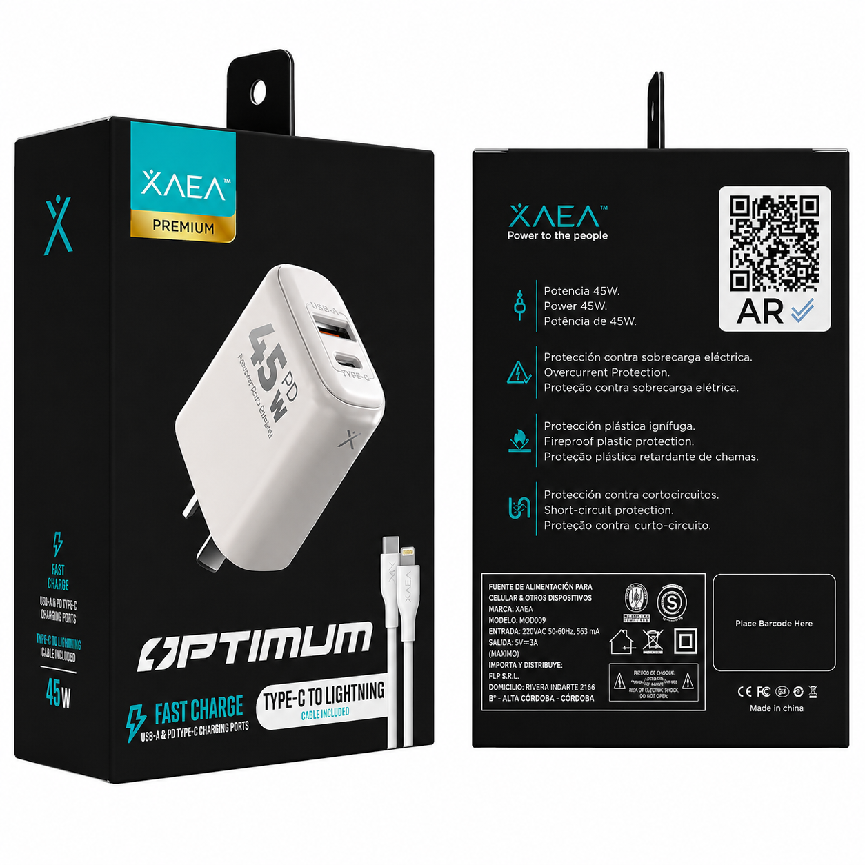 CARGADOR 45W OPTIMUM – 5A – PUERTOS USB-C + CABLE C- LIGHTNING XAEA –