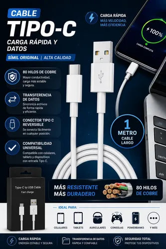Cable USB A - USB C   2A Simil Original