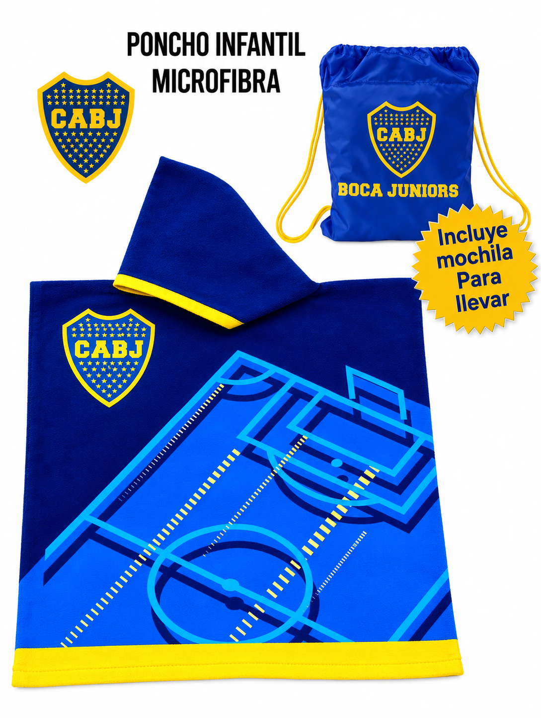 Poncho Toallon Infantil Boca Juniors Microfibra Con Mochila