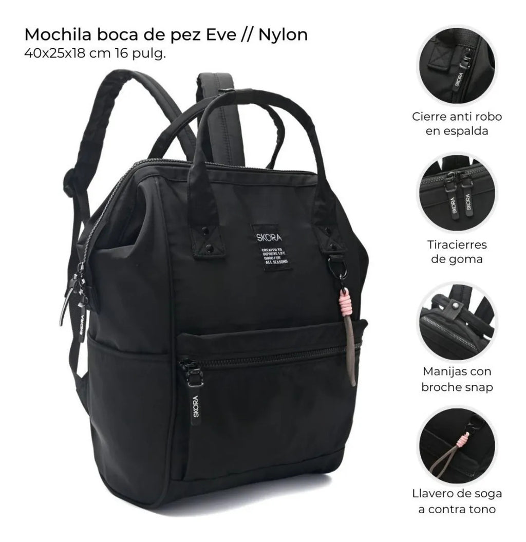 Mochila Skora Boca de Pez Eve Nylon Negra 40 x 25 x 18 cm