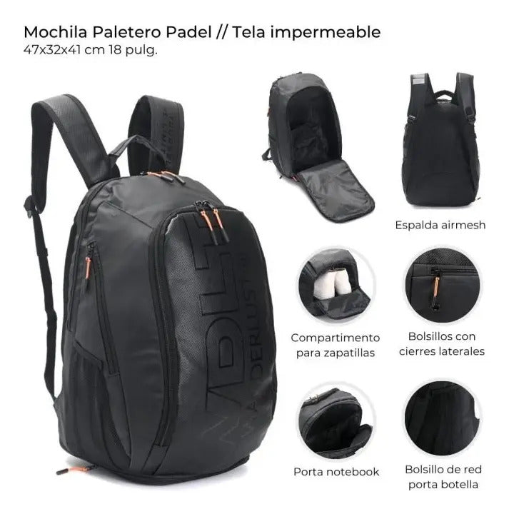Mochila Wanderlust Paletero Padel con Zapatero y Portanotebook Impermeable Negra