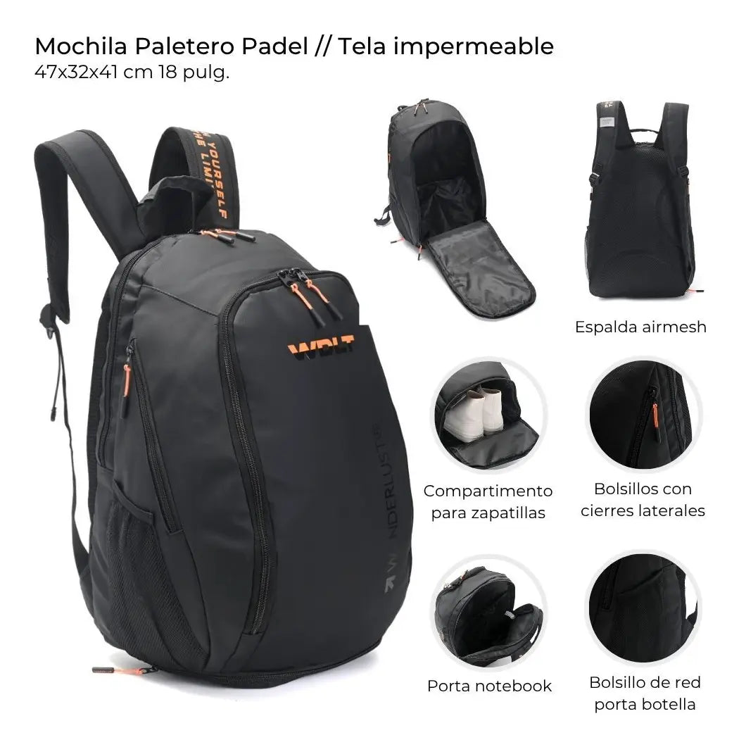 Mochila Paletero Padel con Zapatero y Portanotebook Impermeable CM Wand Negra