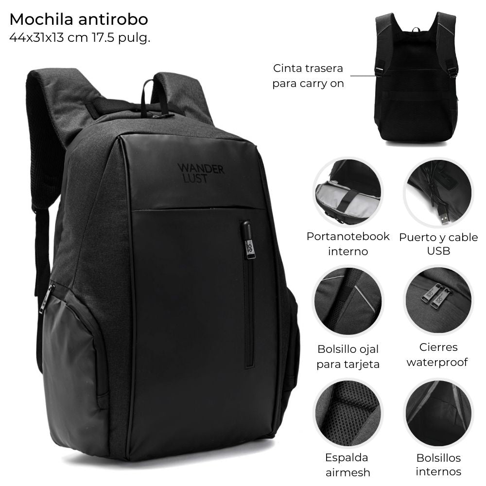 Mochila Wanderlust Espalda Portanotebook Antirrobo USB Tira de 17.5 Pulgadas