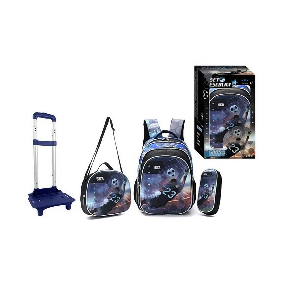 Set Mochila con Carro, Skora Lunchera y Cartuchera Futbol de 16 Pulgadas en Caja