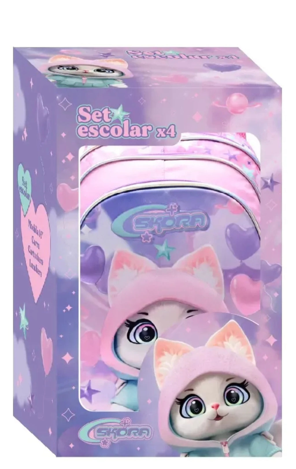 Set Mochila con Carro, Skora Lunchera y Cartuchera Gatita en de 16 Pulgadas