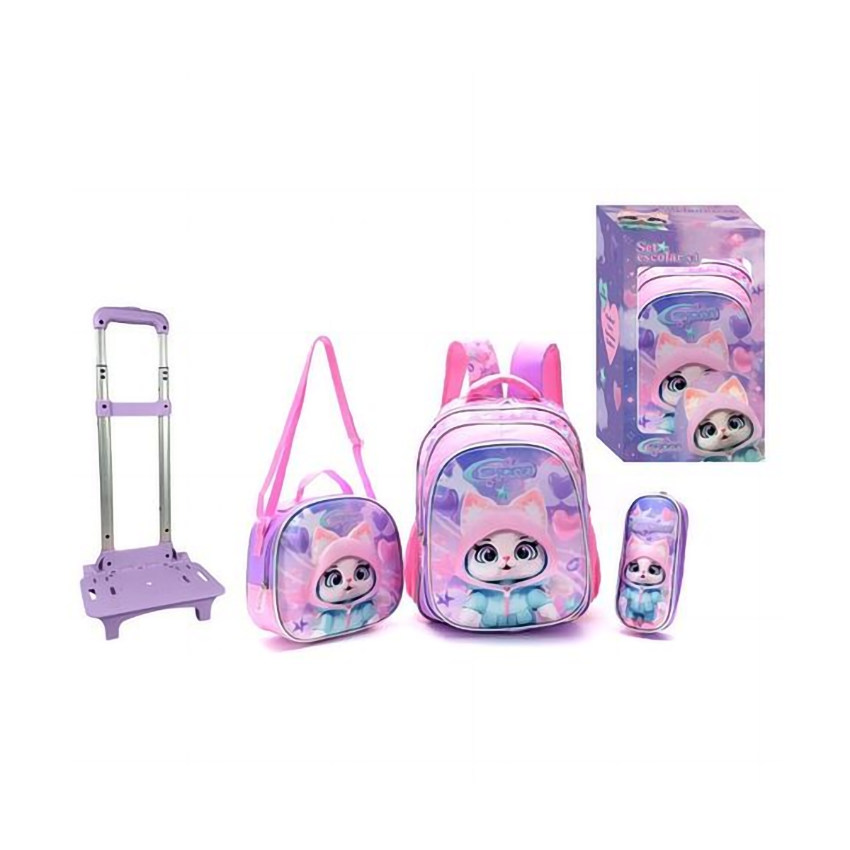 Set Mochila con Carro, Skora Lunchera y Cartuchera Gatita en de 16 Pulgadas