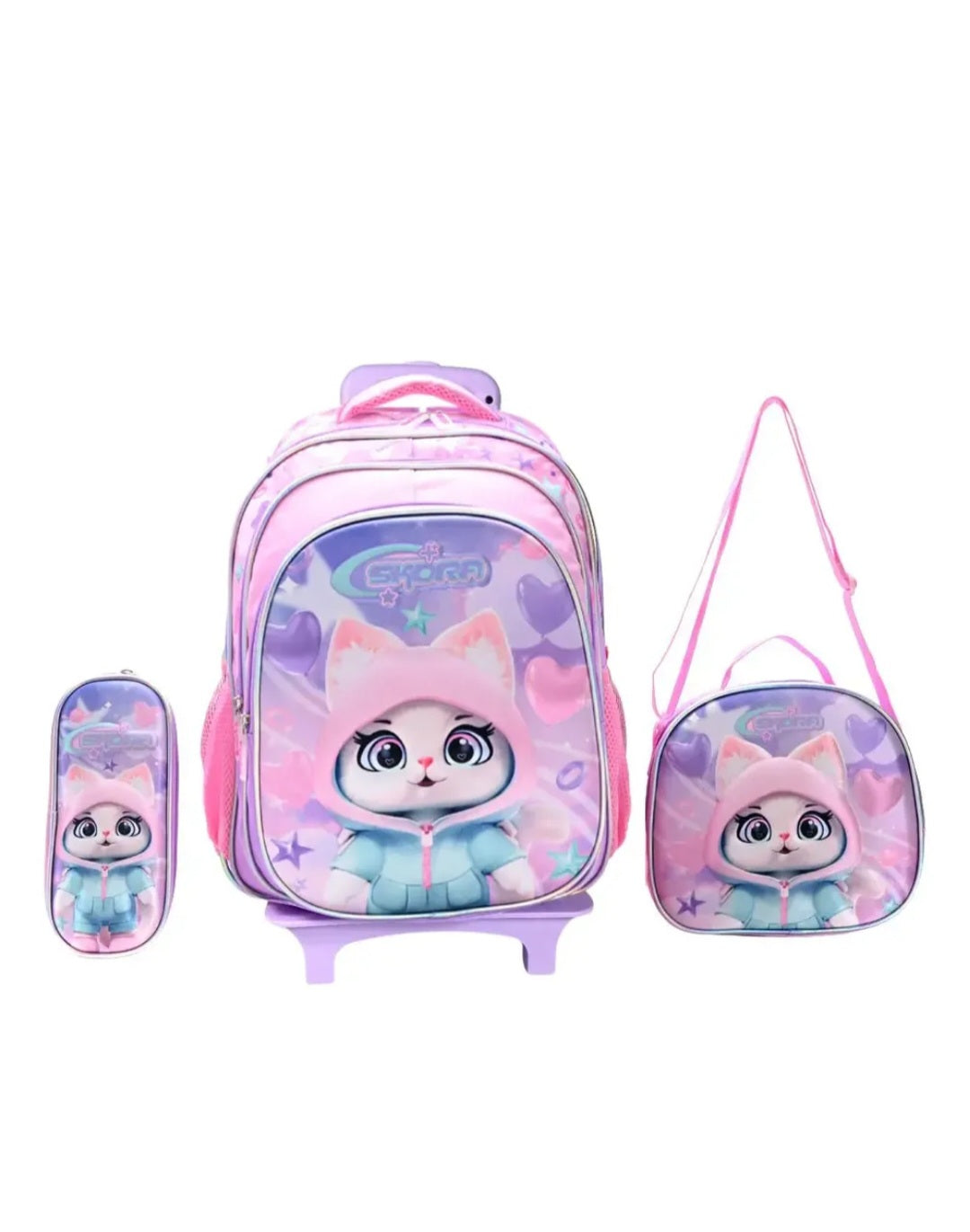 Set Mochila con Carro, Skora Lunchera y Cartuchera Gatita en de 16 Pulgadas