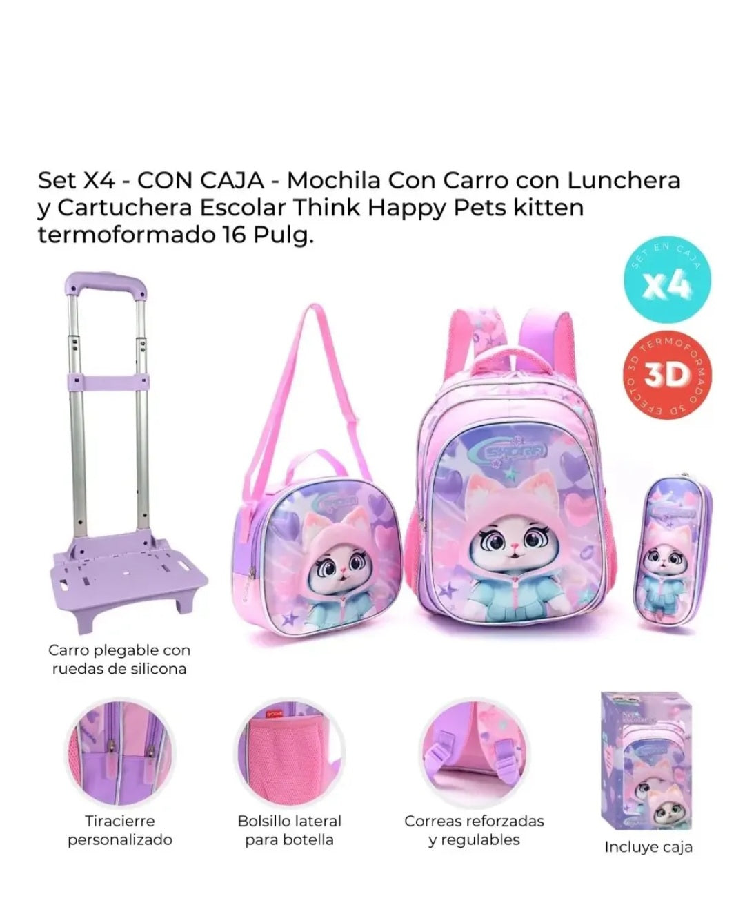 Set Mochila con Carro, Skora Lunchera y Cartuchera Gatita en de 16 Pulgadas