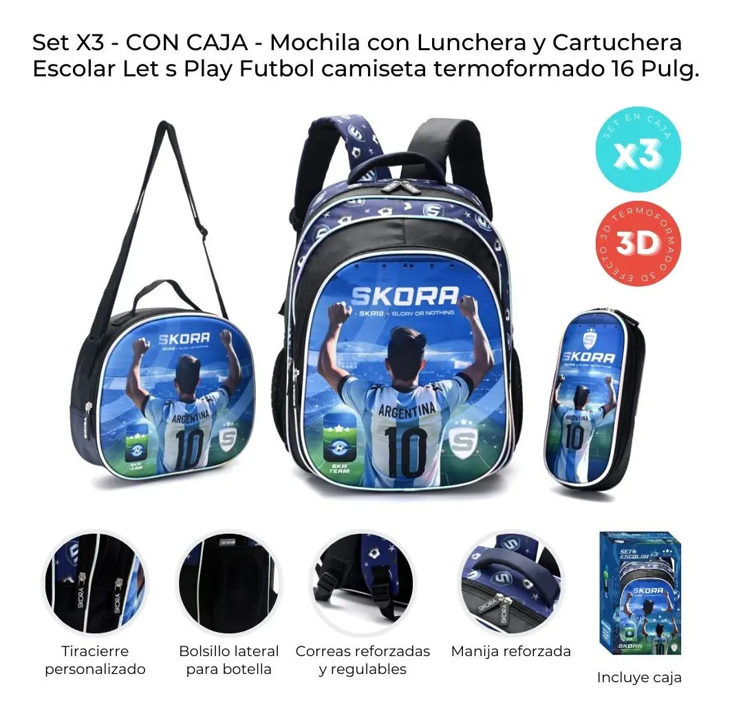 Set Mochila con Lunchera y Cartuchera Skora Futbol Camiseta de 16 Pulgadas