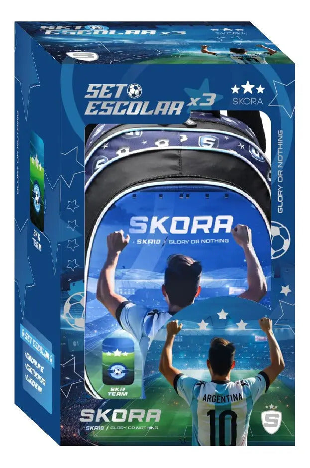 Set Mochila con Lunchera y Cartuchera Skora Futbol Camiseta de 16 Pulgadas