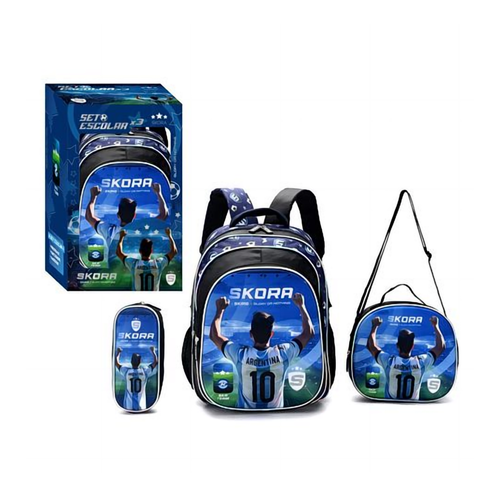 Set Mochila con Lunchera y Cartuchera Skora Futbol Camiseta de 16 Pulgadas