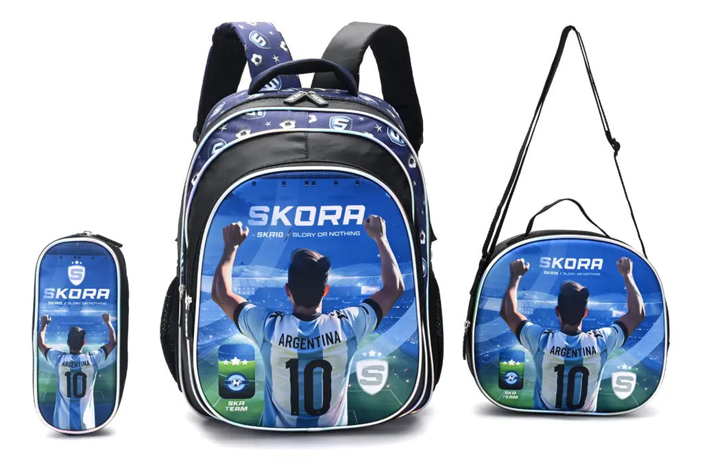 Set Mochila con Lunchera y Cartuchera Skora Futbol Camiseta de 16 Pulgadas