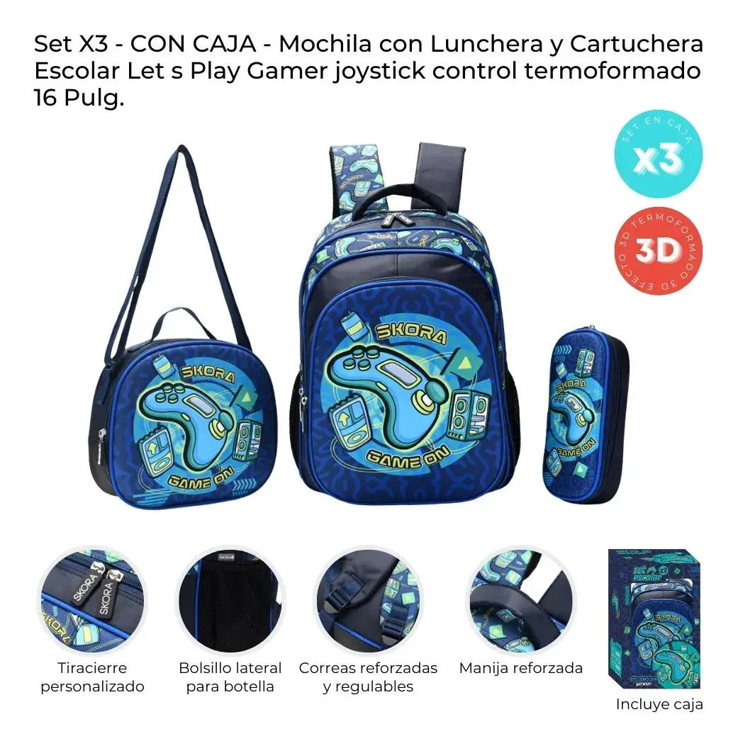 Set Mochila con Lunchera y Cartuchera Skora Game ON de 16 Pulgadas en Caja
