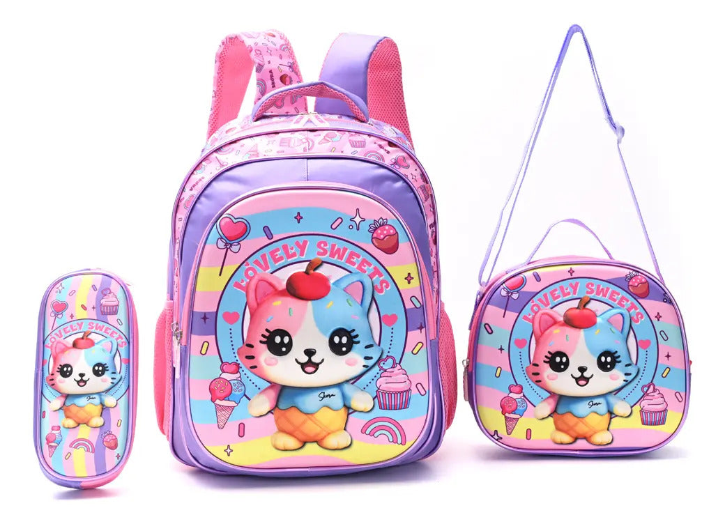 Set Mochila con Lunchera y Cartuchera Skora Gatita de 16 Pulgadas en Caja