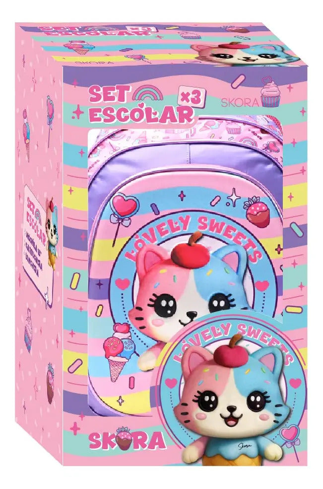 Set Mochila con Lunchera y Cartuchera Skora Gatita de 16 Pulgadas en Caja