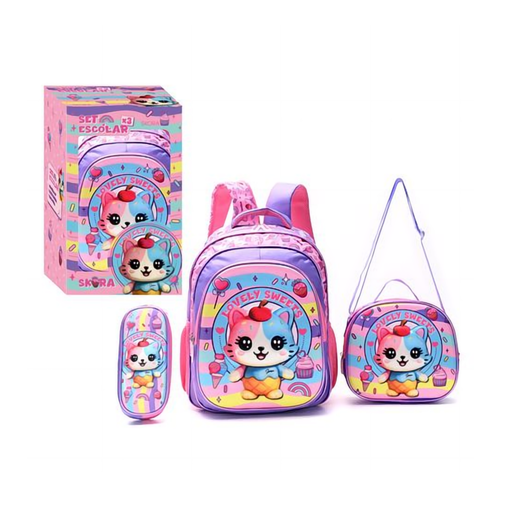 Set Mochila con Lunchera y Cartuchera Skora Gatita de 16 Pulgadas en Caja