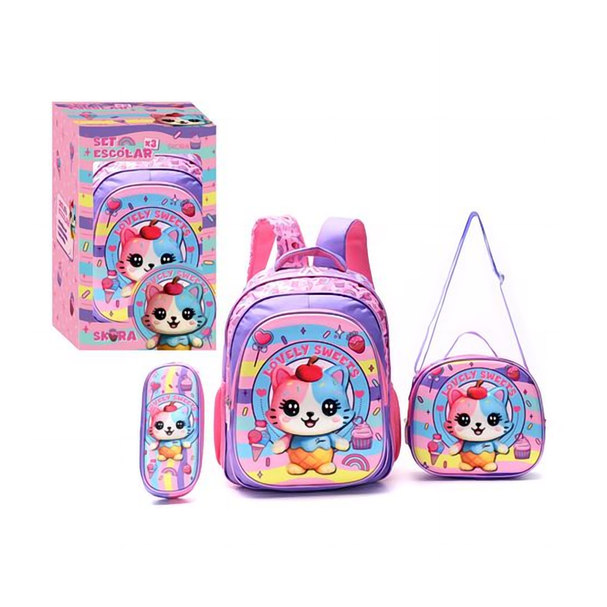 Set Mochila con Lunchera y Cartuchera Skora Gatita de 16 Pulgadas en Caja