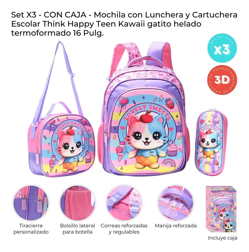 Set Mochila con Lunchera y Cartuchera Skora Gatita de 16 Pulgadas en Caja