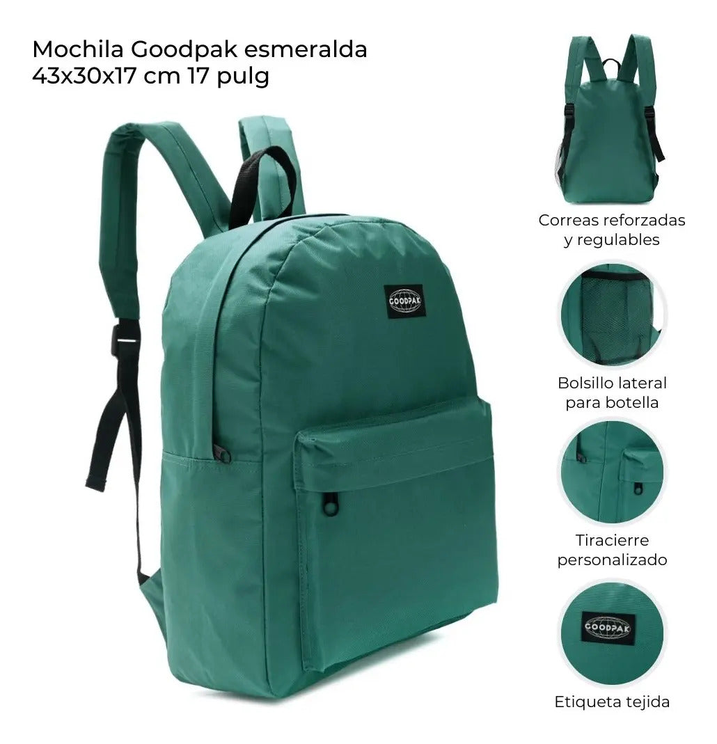 Mochila Goodpak Espalda Lisa Esmeralda de 17 Pulgadas
