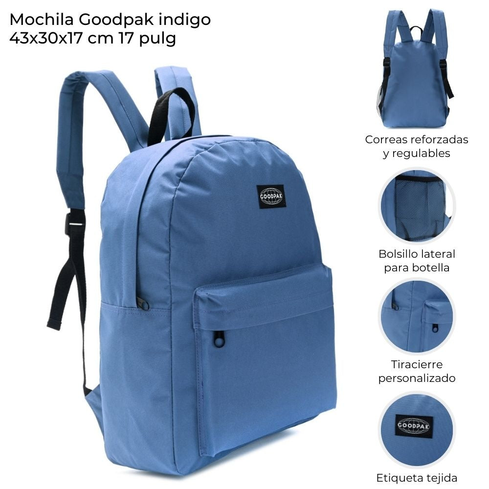 Mochila Goodpak Espalda Lisa Indigo de 17 Pulgadas Azul