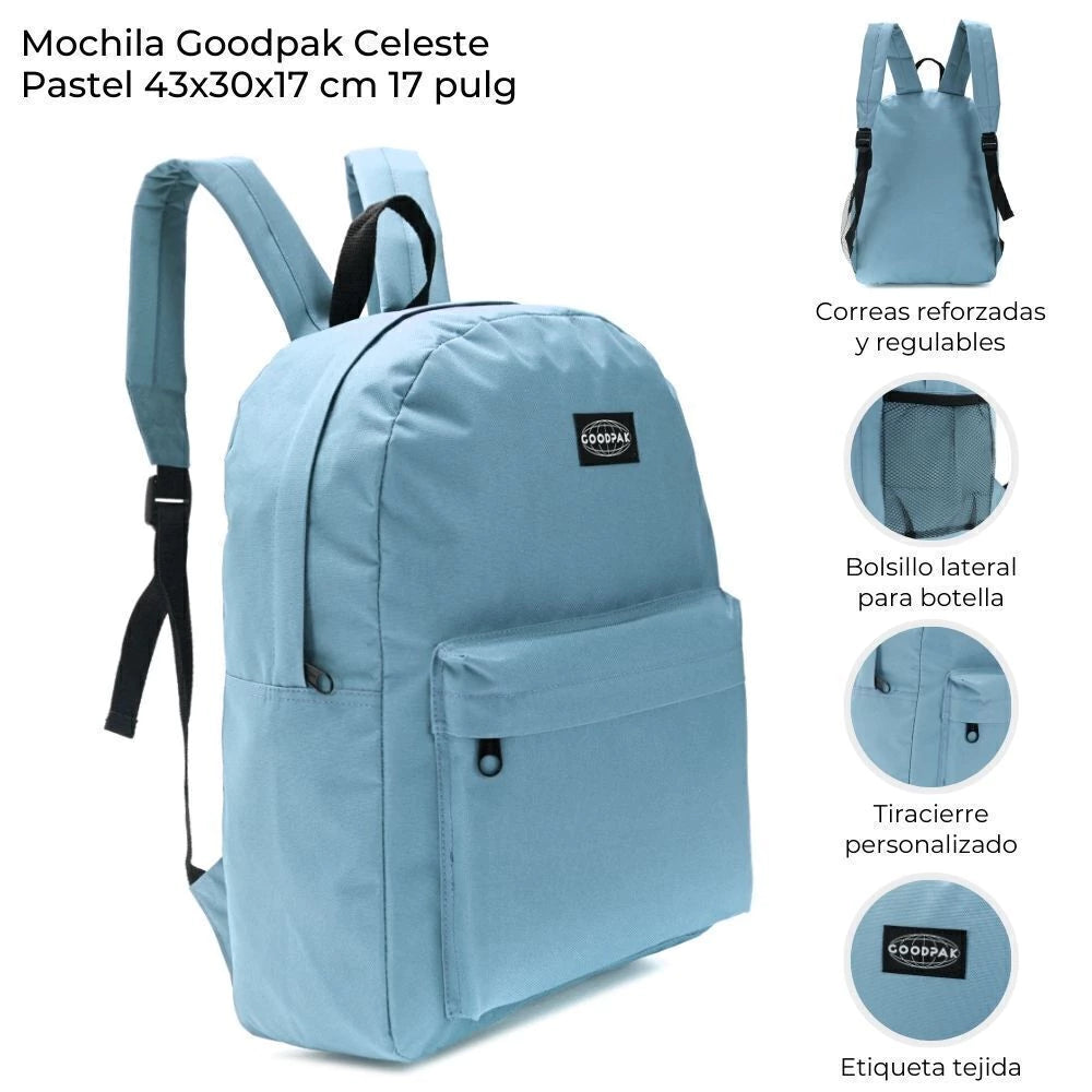 Mochila Espalda Goodpak de 17 Pulgadas Celeste Pastel