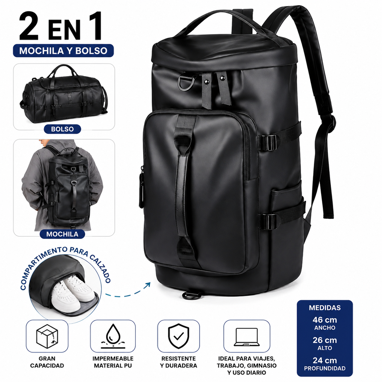 Mochila Bolso Viaje Impermeable Pu 2 En 1 Grande 29 Litros